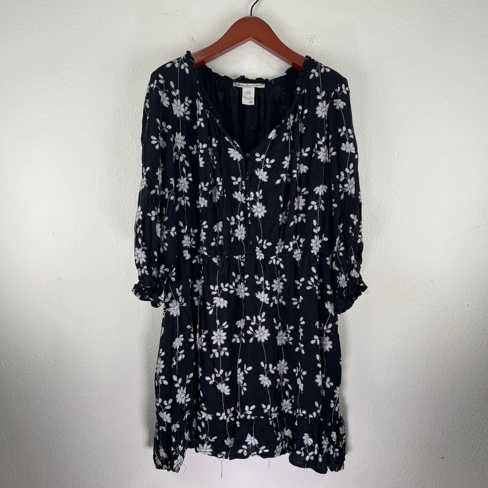 American Rag Cie Womens 3X Black White Floral Long Sleeve Rayon Mini Dress